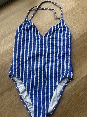 J. Crew Blue and White Vertical Stripe One-Piece Swimsuit